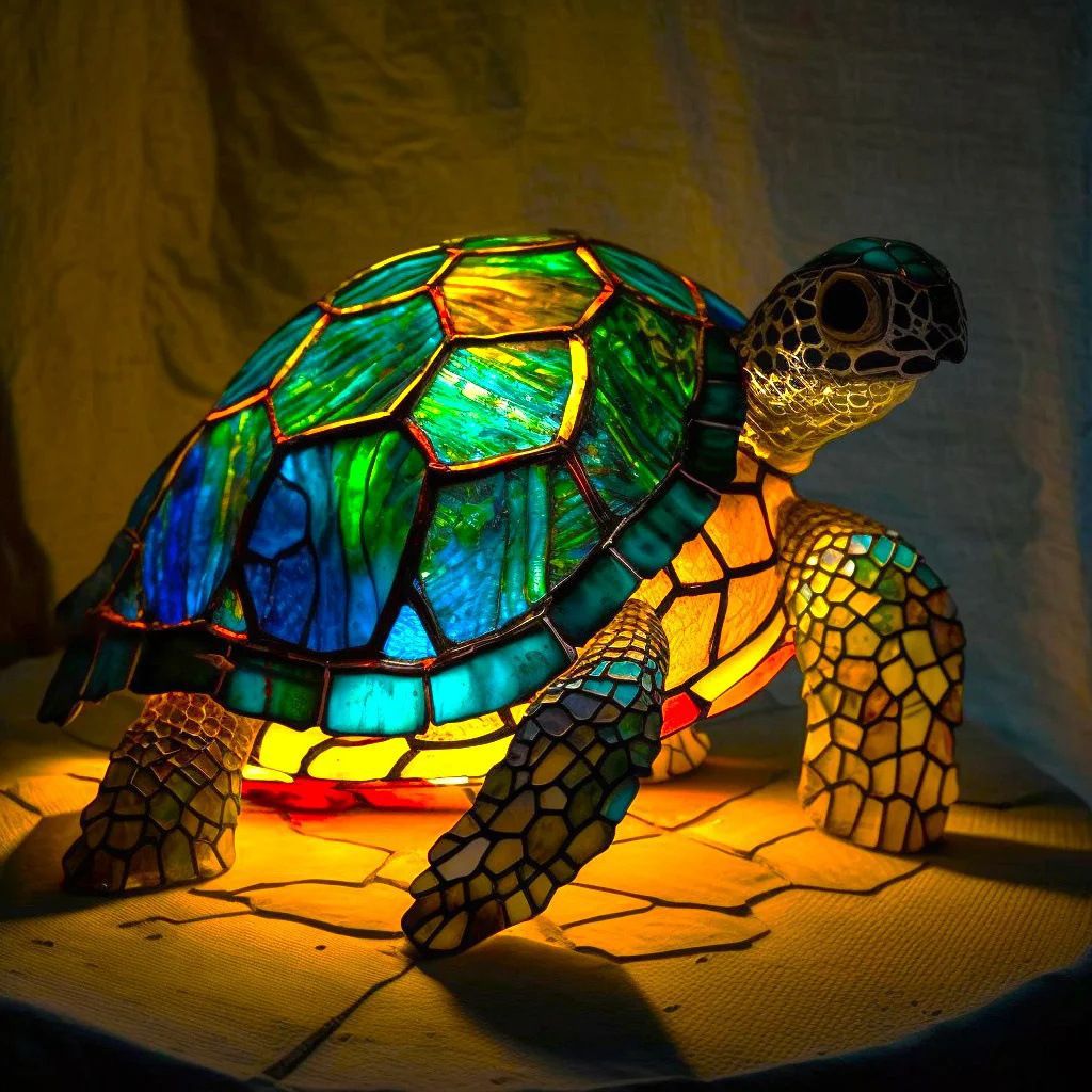Stained glass turtle lamp with multicolored design on a wooden surface.
