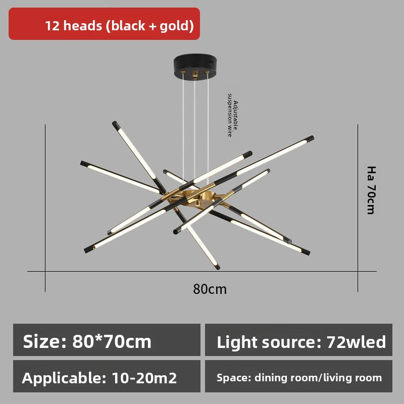 Modern chandelier with black and gold design, dimensions, and light specifications on a gray background.