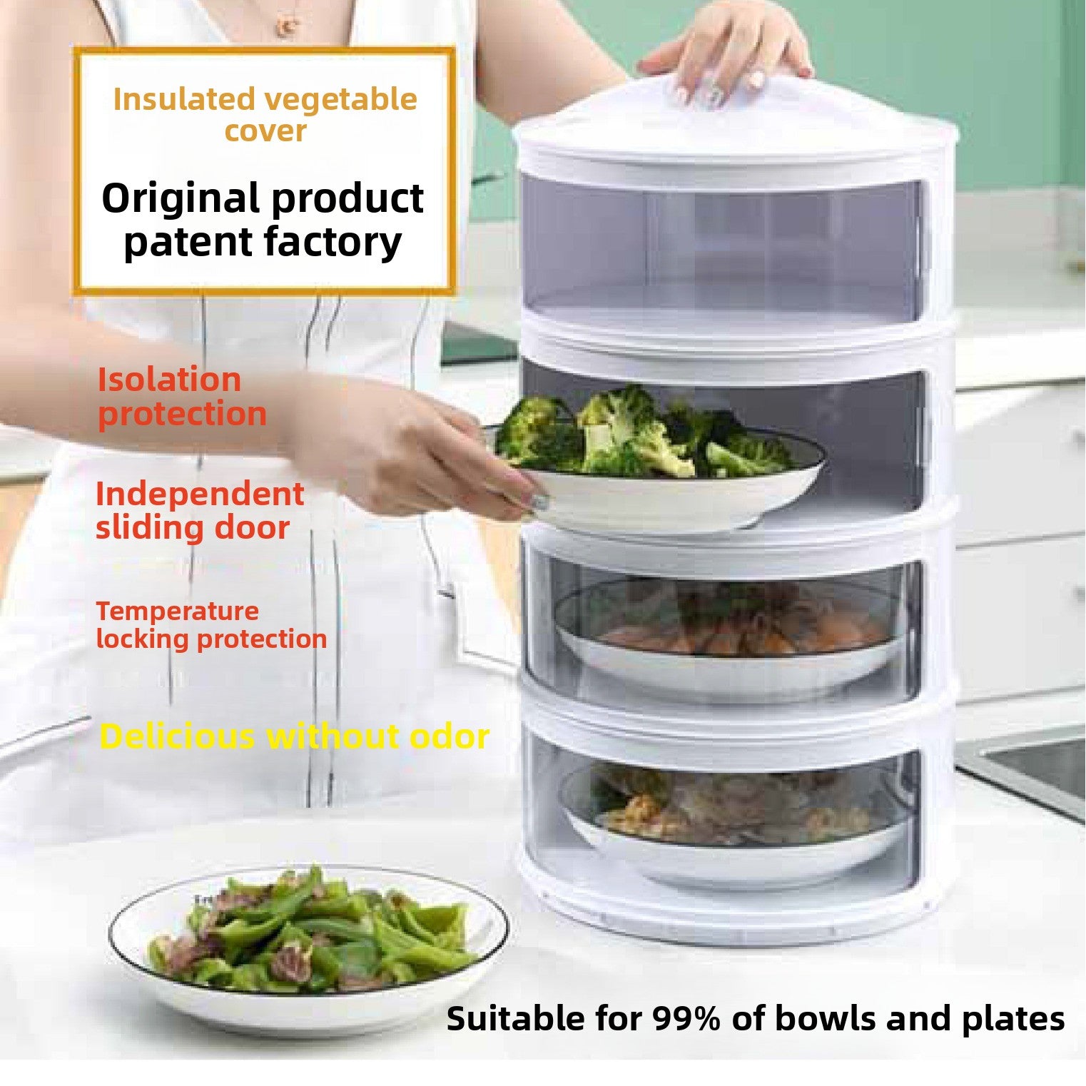 Stackable food storage containers with text highlighting features on a kitchen counter.