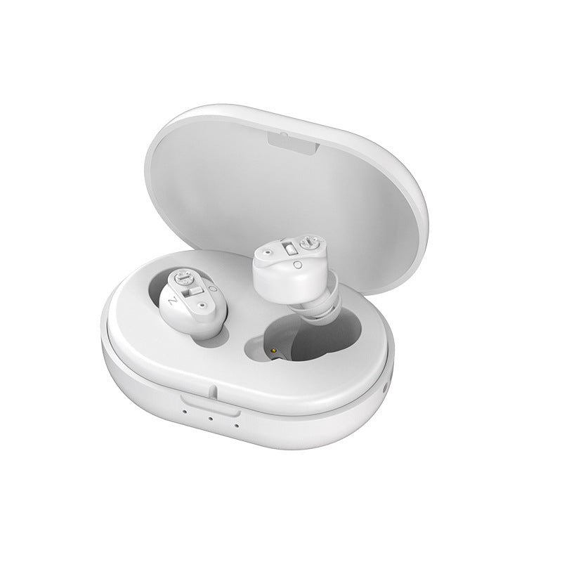 White wireless earbuds in a charging case on a white background