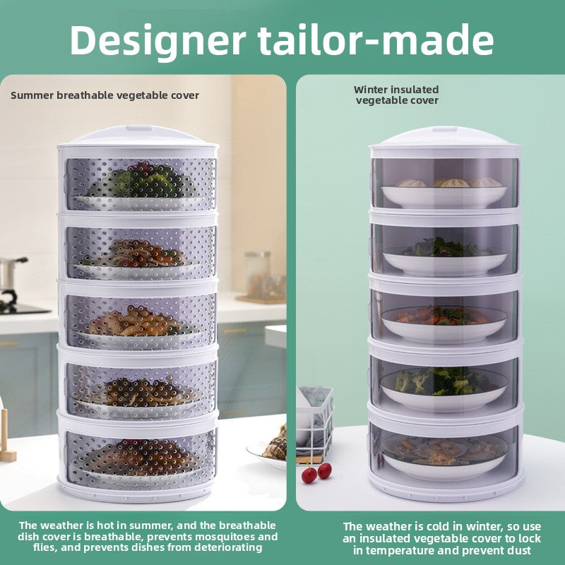 Stackable vegetable storage containers with breathable and insulated covers on a kitchen counter.