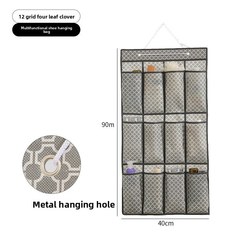Multifunctional shoe hanging bag with grid design and metal hanging hole on a white background