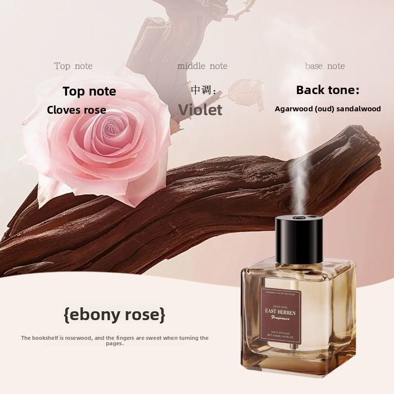 Perfume bottle with a pink rose and wooden elements on a light background