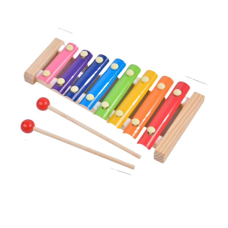 Colorful wooden xylophone with two mallets on a white background
