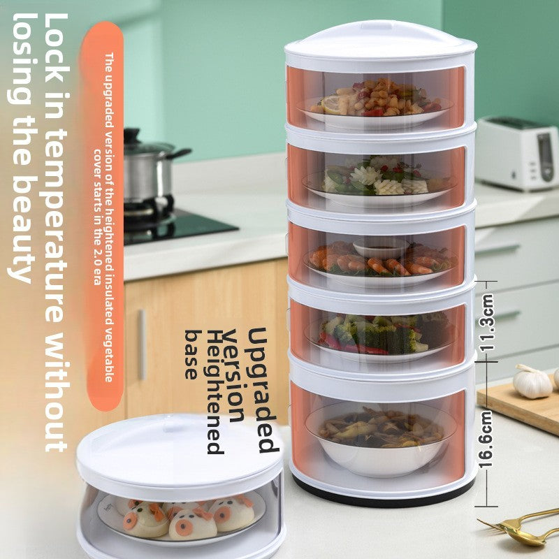 Stackable food storage containers on a kitchen counter with text overlay.