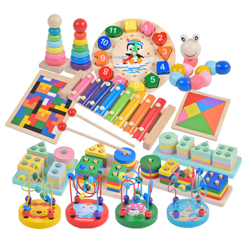 Assorted colorful wooden toys on a white background