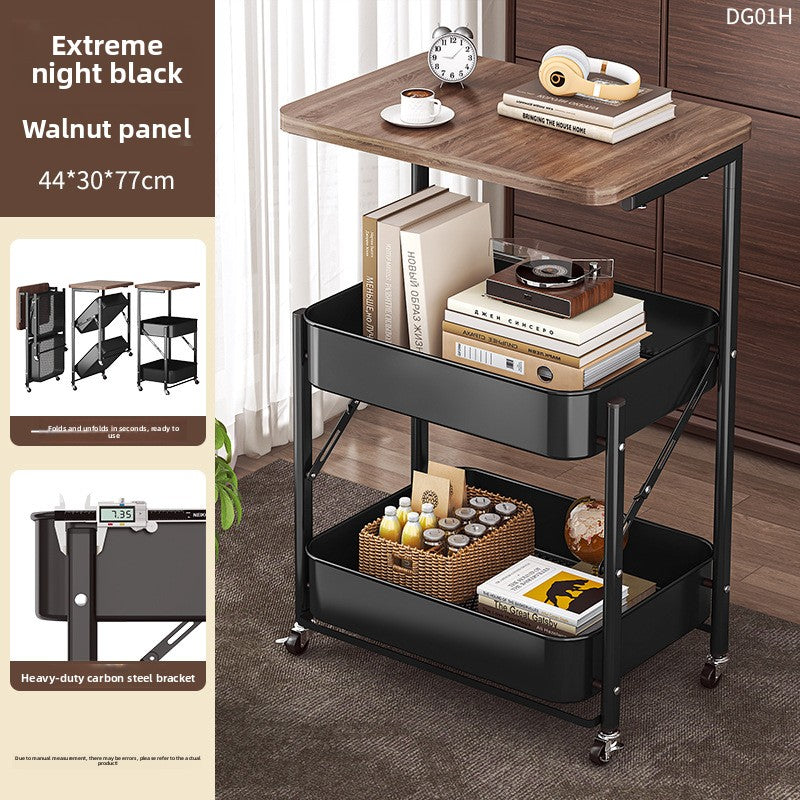 Multi-functional rolling cart with storage shelves and a small table top, featuring walnut panel and black metal frame.