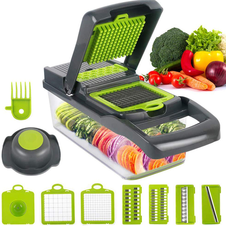 Multifunctional vegetable slicer with various attachments on a white background