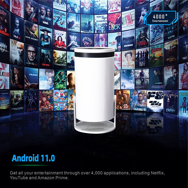 White cylindrical device with black accents on a dark background with movie poster collage