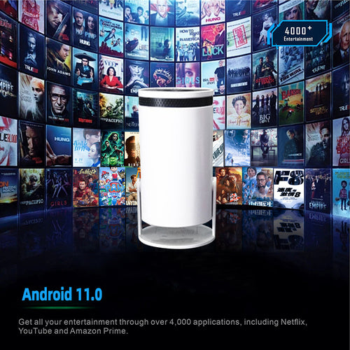 White cylindrical device with black accents on a dark background with movie poster collage