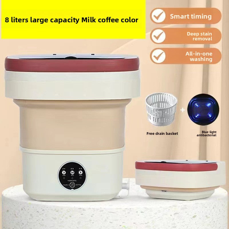 Portable washing machine with features highlighted on a beige background