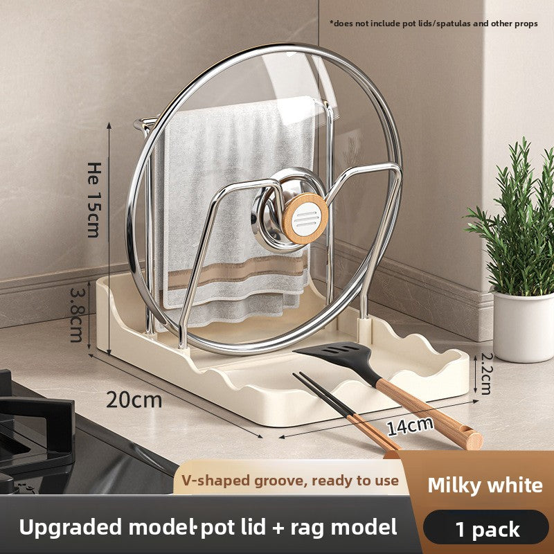 Kitchen pot lid and rag organizer with measurements on a neutral background