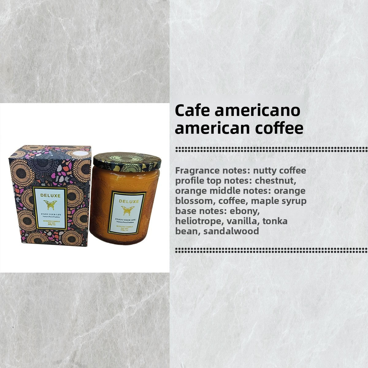 Candle with decorative packaging on a textured white background