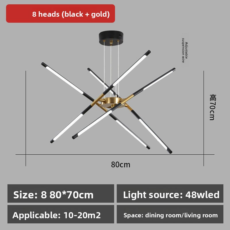 Modern chandelier with black and gold design, dimensions, and specifications on a gray background