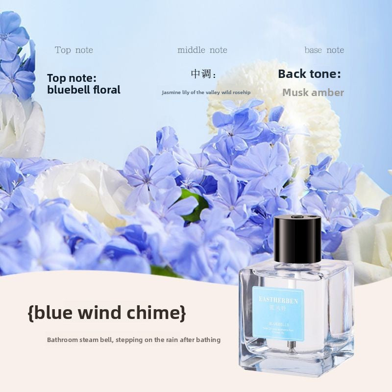 Perfume bottle labeled 'Blue Wind Chime' with floral design and fragrance notes on a light blue background