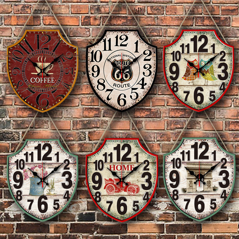 Set of six vintage-style wall clocks on a brick wall background
