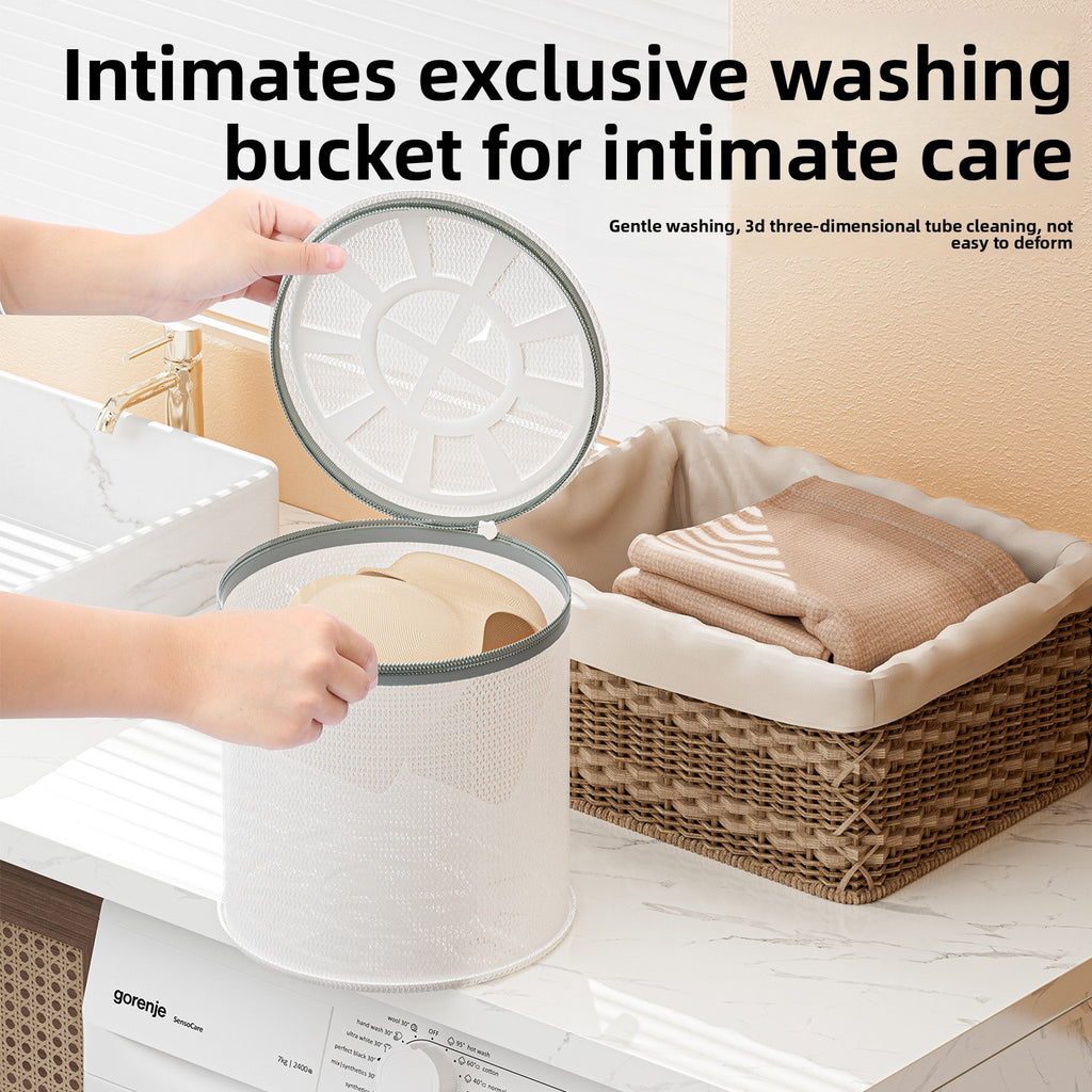Washing bucket with a mesh lid for intimate care, held by a person, with text about its use.