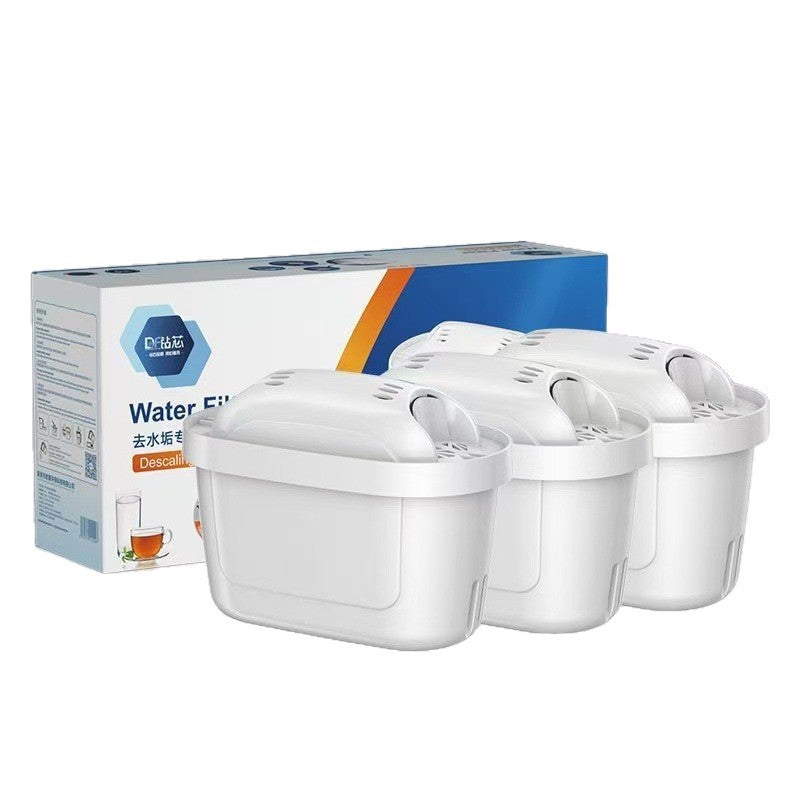 Three white water filters with a packaging box on a white background