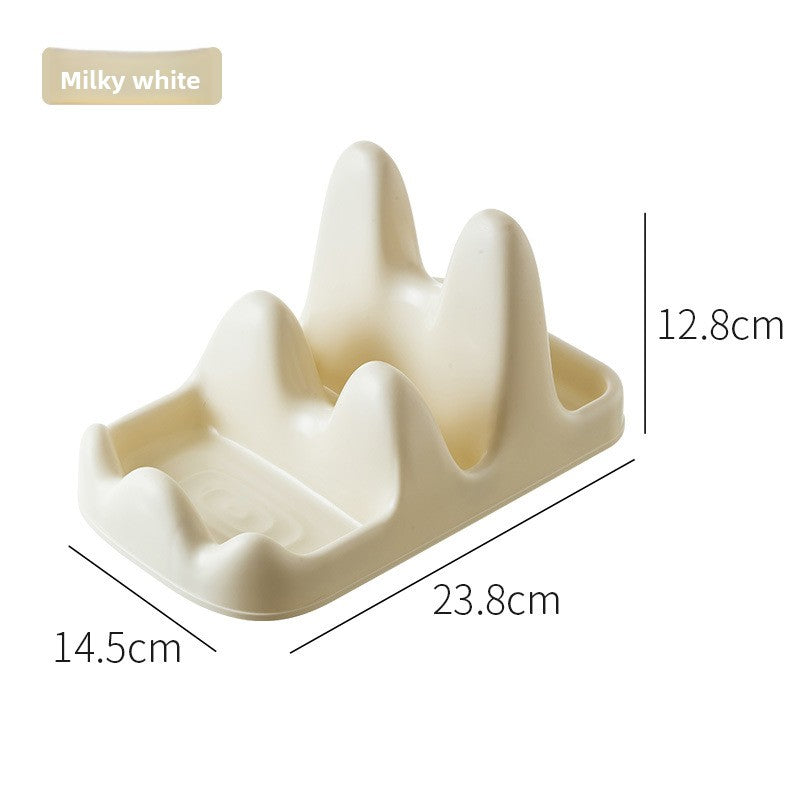 Milky white ceramic teacup rack with dimensions on a beige background