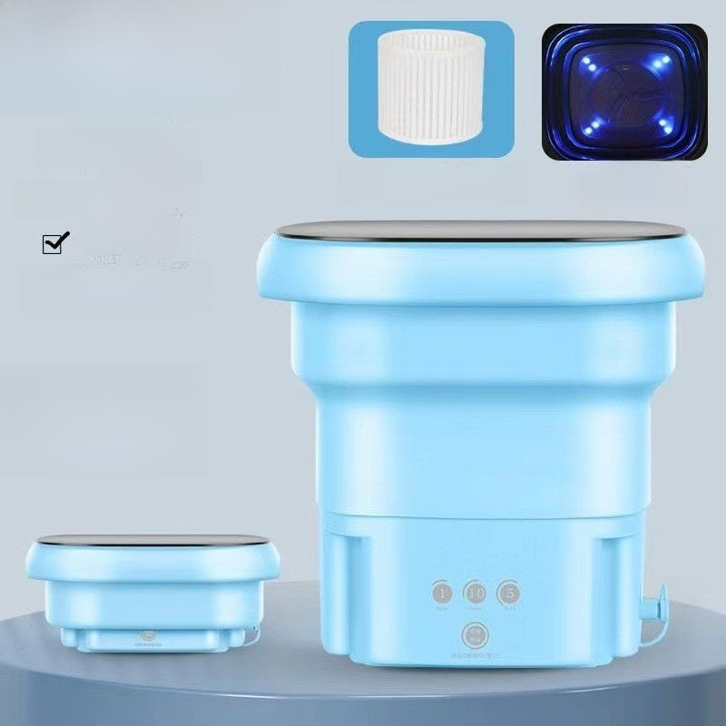 Blue portable washing machine with filter and LED lights on a gray background