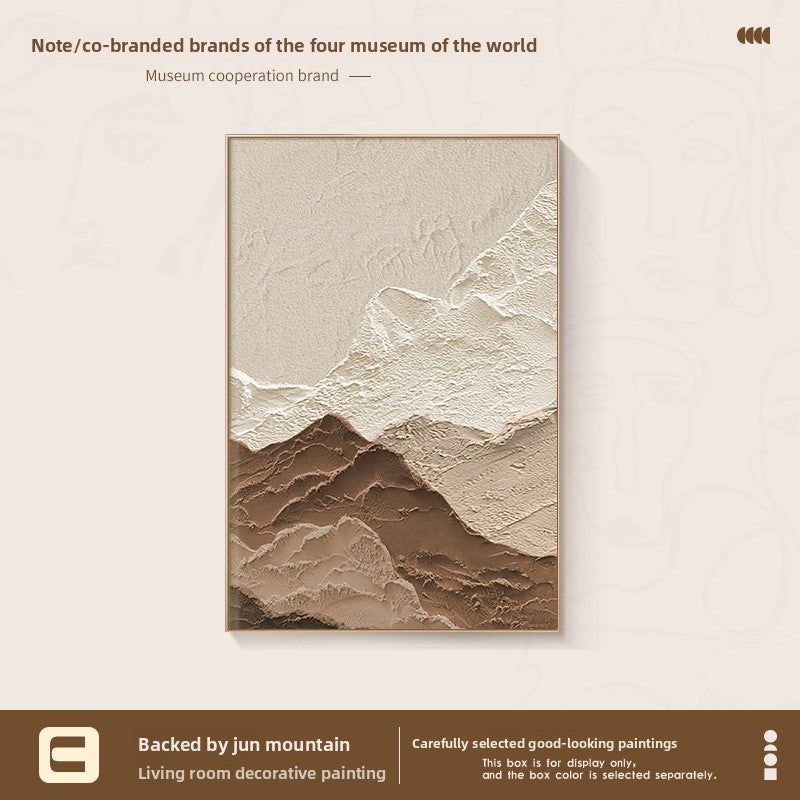 Textured mountain painting on a beige background with branding information.
