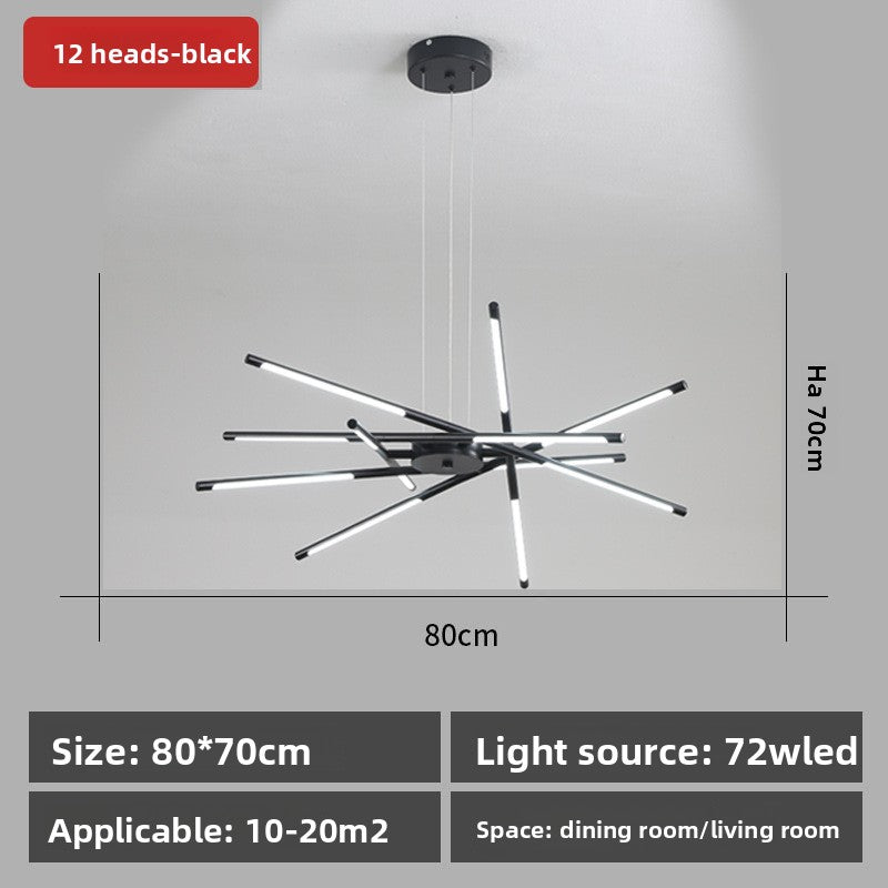 Modern chandelier with dimensions and specifications on a gray background