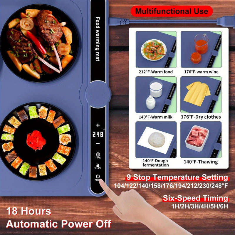 Multifunctional food warming mat with temperature control panel and various uses displayed.