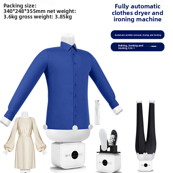 Blue shirt on a Ironing Machine with an ironing board, dress, shoes, and iron displayed below.