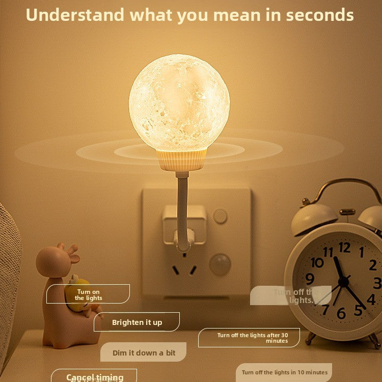 Light bulb with control panel on a wall, next to an alarm clock and decorative object, with text indicating light control options.
