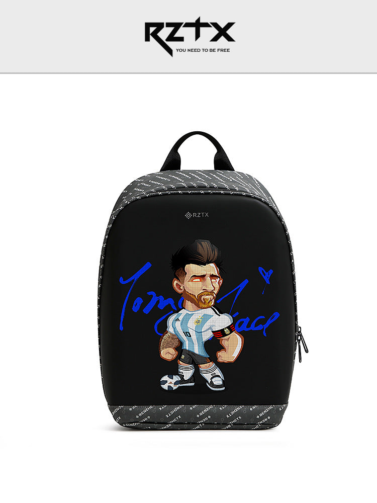 Black backpack with a cartoon depiction of a soccer player and 'RZTX' branding on a white background.