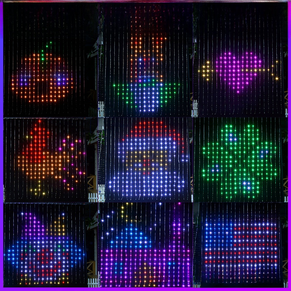 LED display with various colorful shapes and symbols on a dark background
