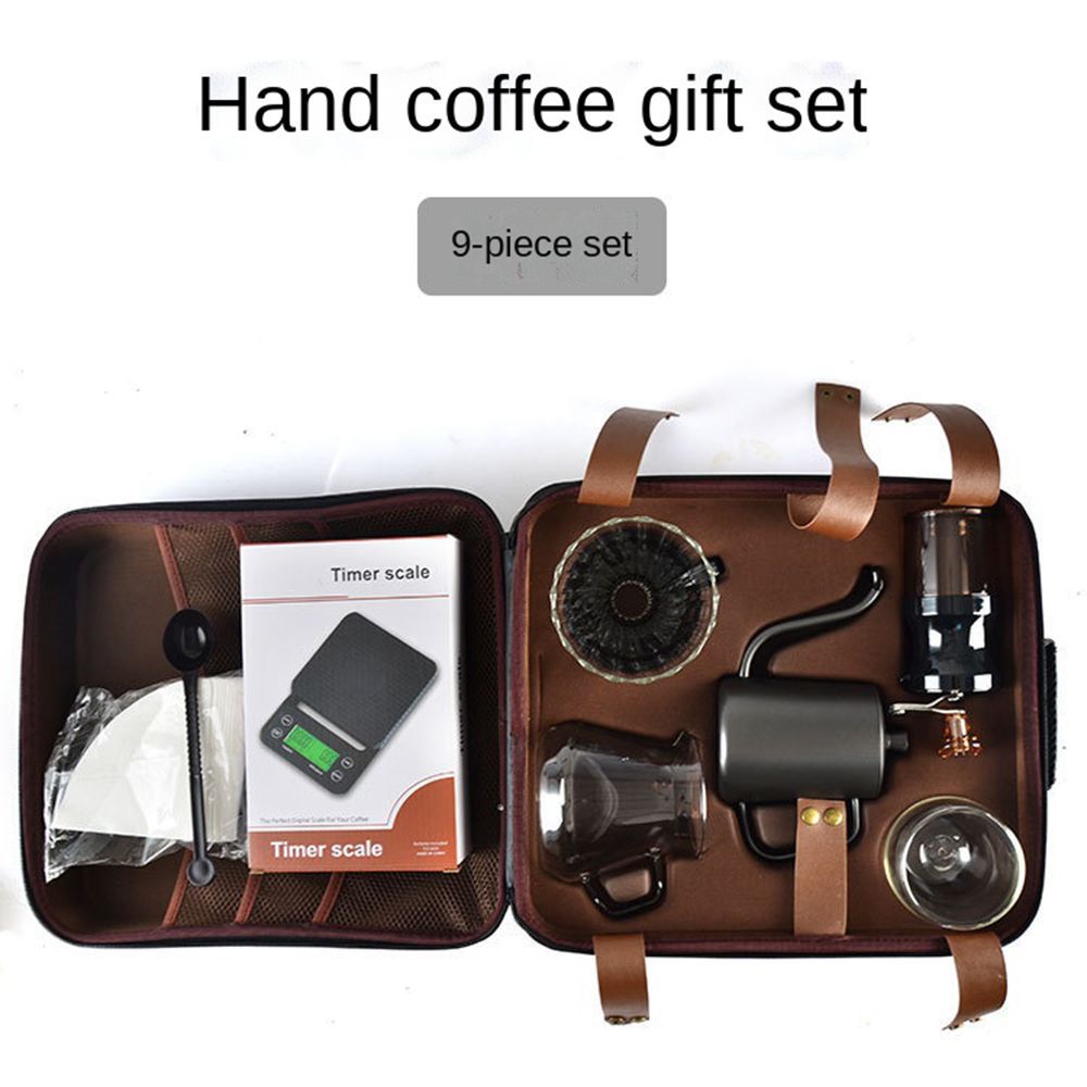 Hand coffee gift set with 9 pieces in a brown leather case on a white background.