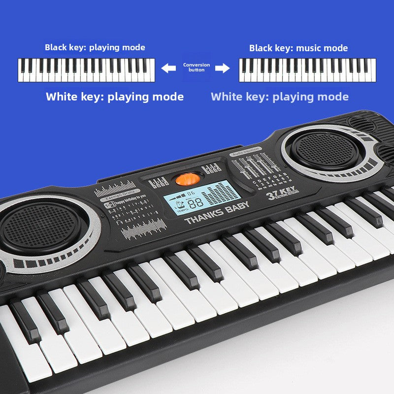 Children's keyboard with labeled keys on a blue background