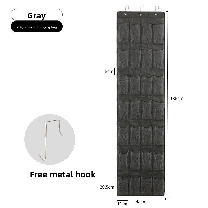 Gray 28-grid mesh hanging bag with dimensions and metal hook on a white background