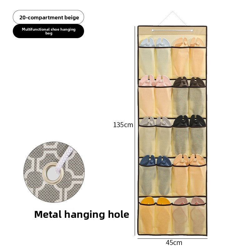 Multifunctional shoe hanging bag with 20 compartments, beige color, metal hanging hole, and dimensions.