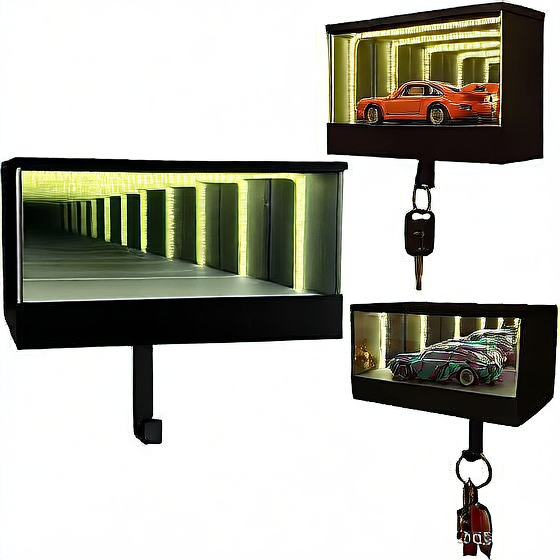 Three black rectangular light boxes with car-themed displays on a white background.