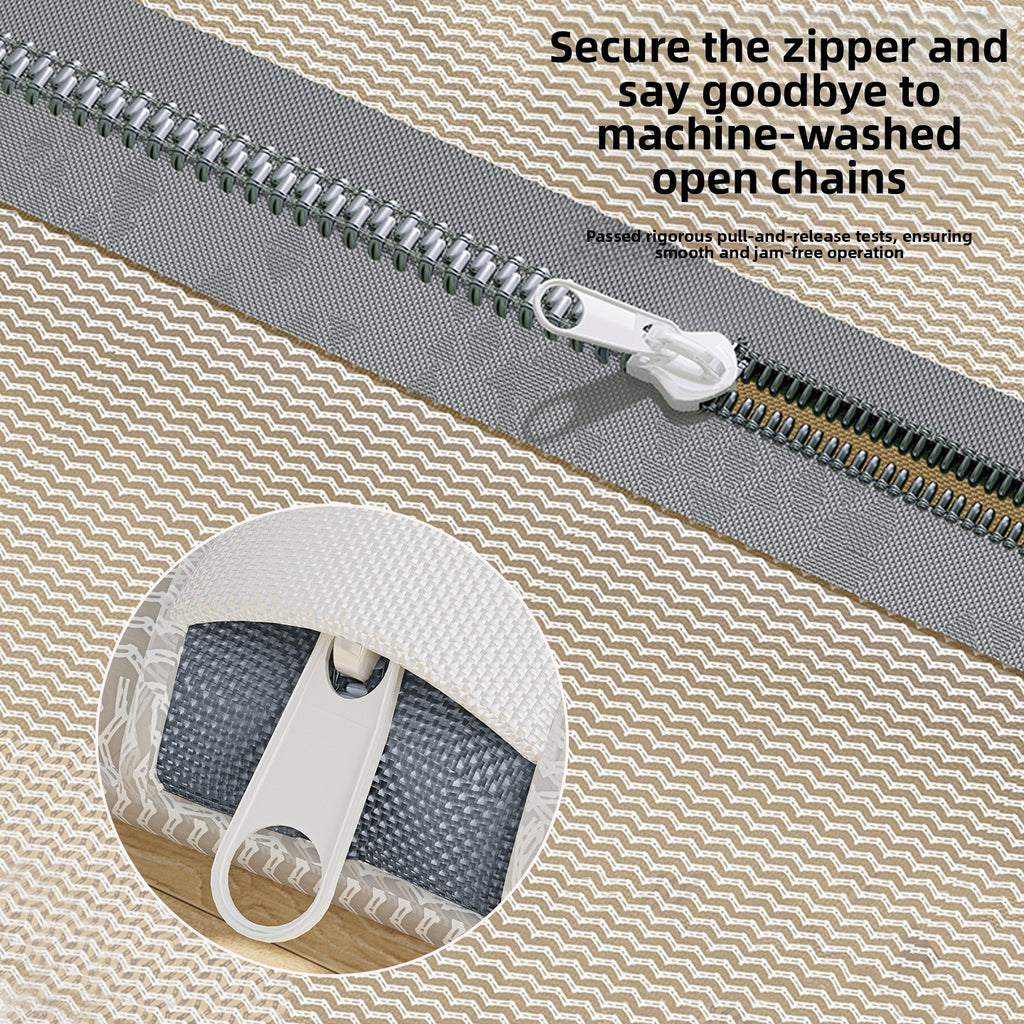 Close-up of a zipper with text about machine-washable open chains on a beige background.