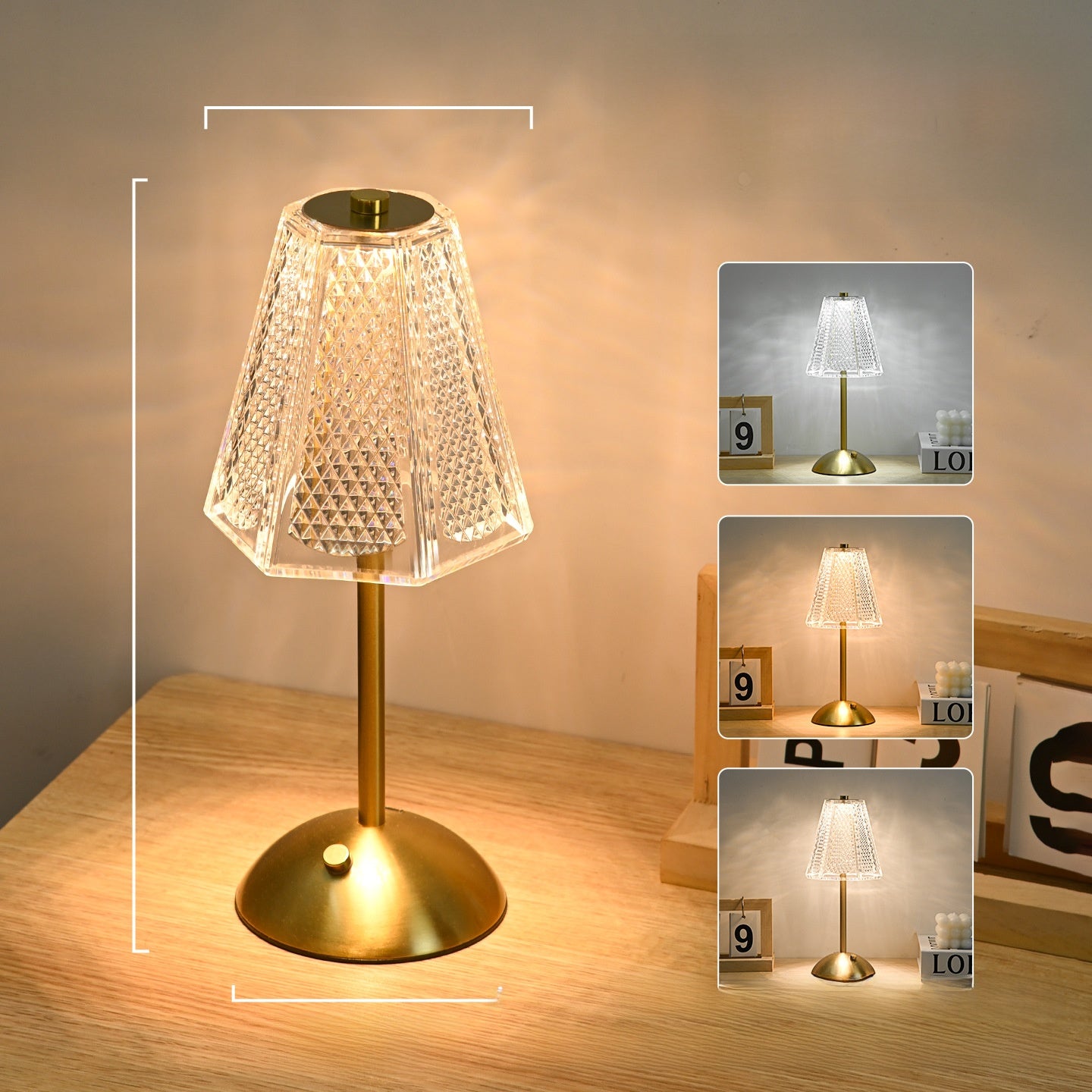 Decorative table lamp with crystal shade on a wooden surface, surrounded by inset images.