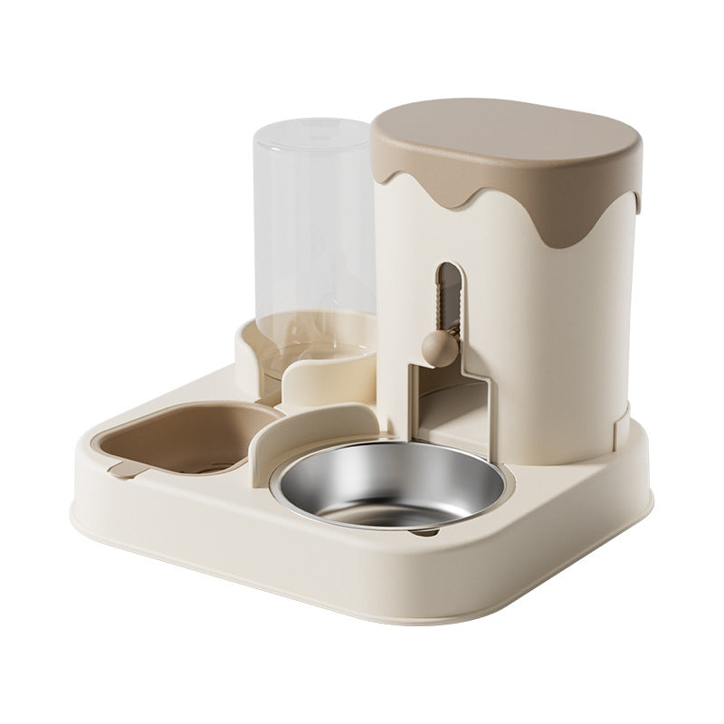 Pet feeding and water station with beige and white design on a white background