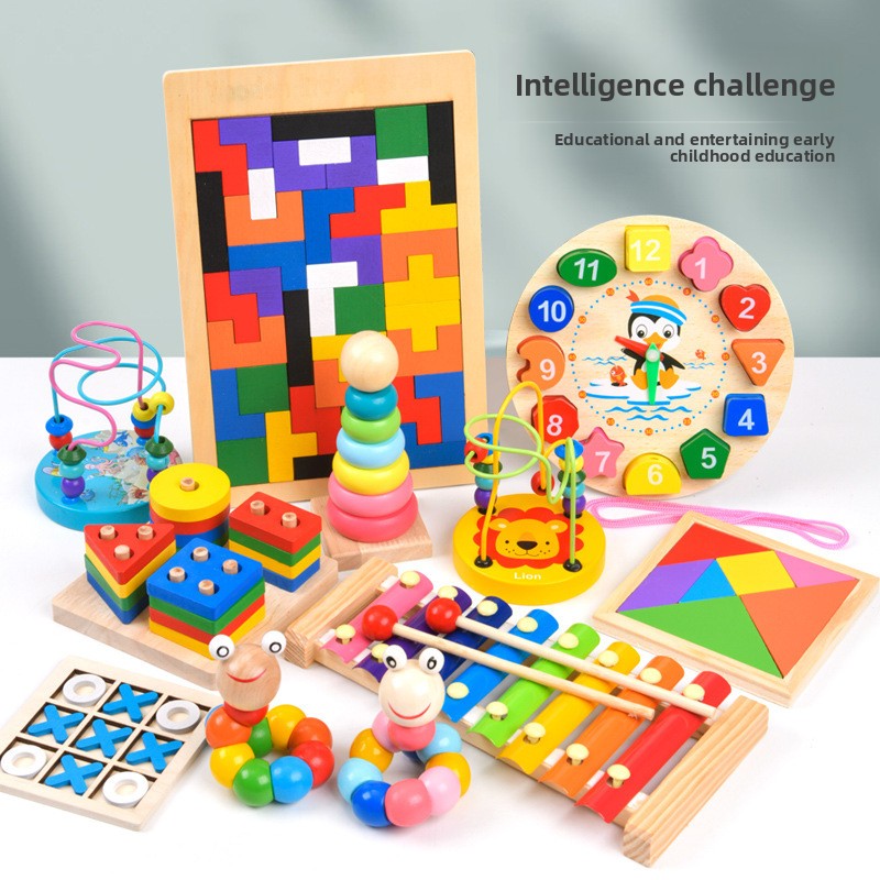 Collection of colorful wooden educational toys on a white surface with a gray background.