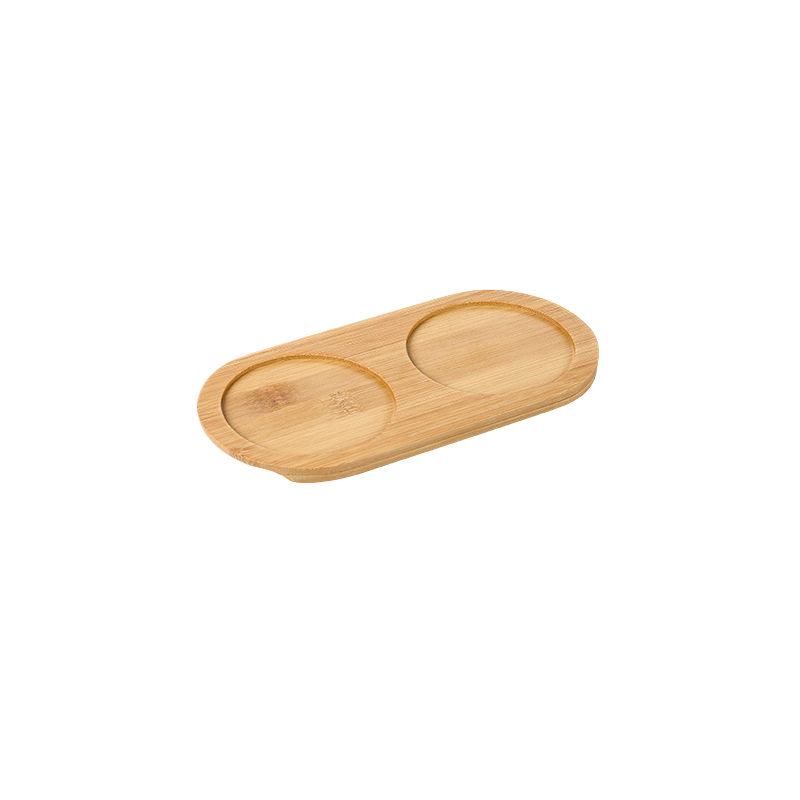 Wooden tray with two compartments on a white background