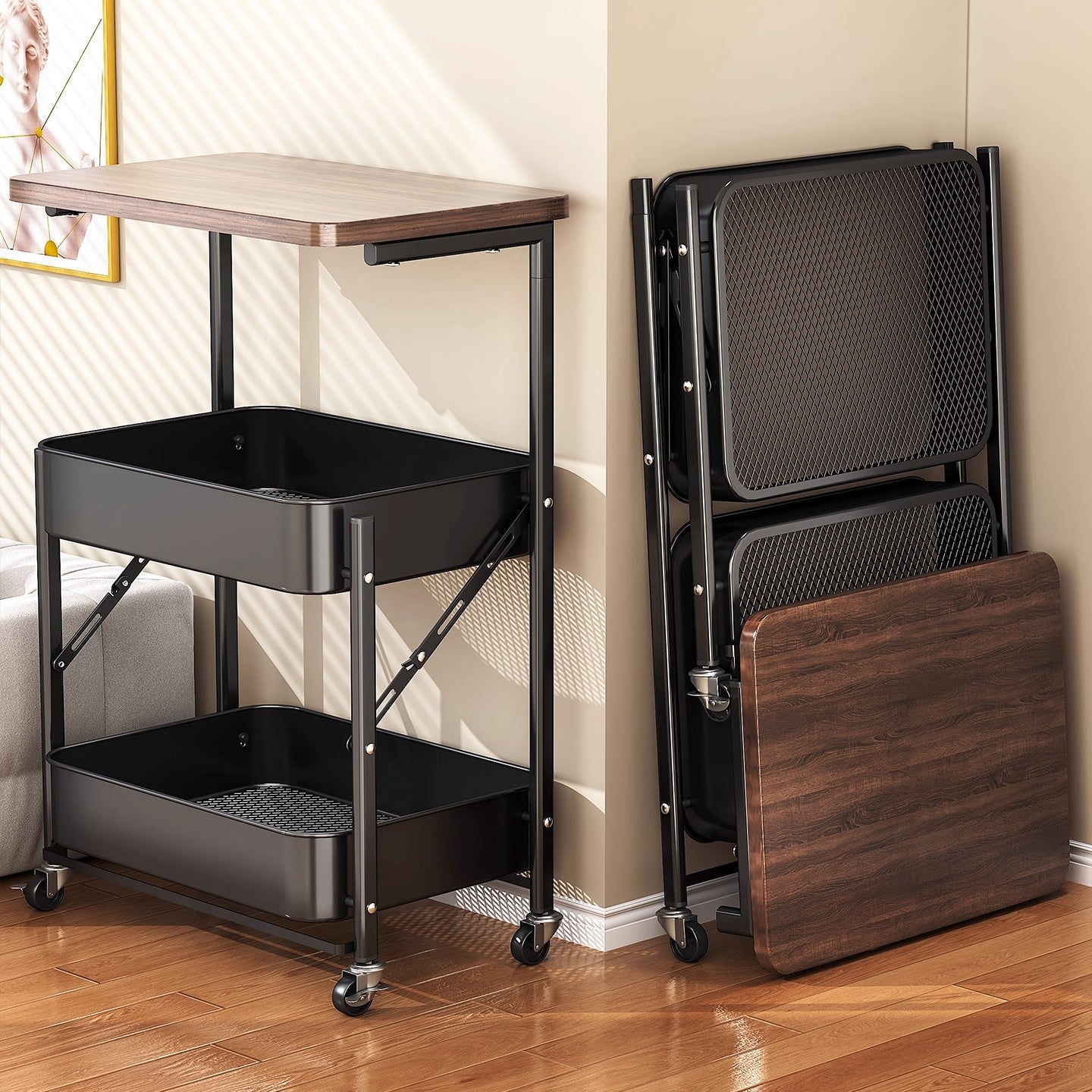 Black rolling cart with storage shelves next to a folded chair against a beige wall.