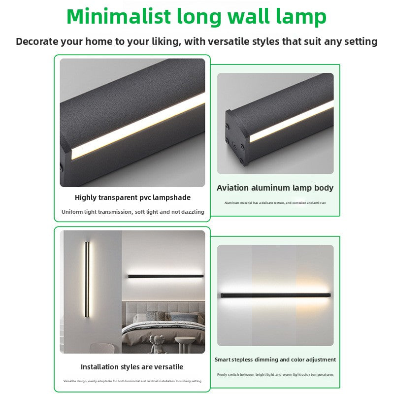 Minimalist long wall lamp with features highlighted on a white background