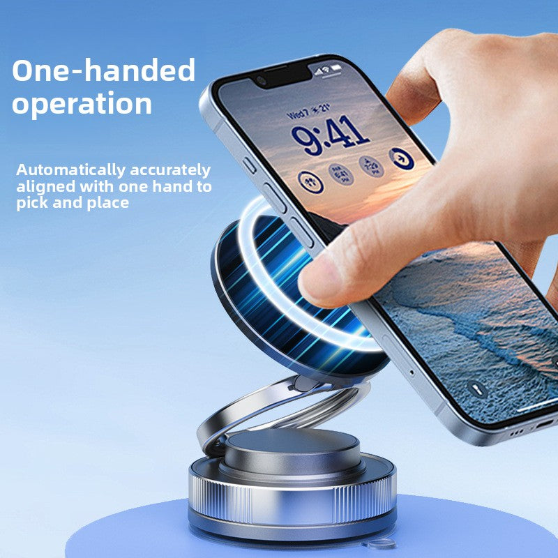 Hand using a smartphone on a rotating stand with text about one-handed operation.