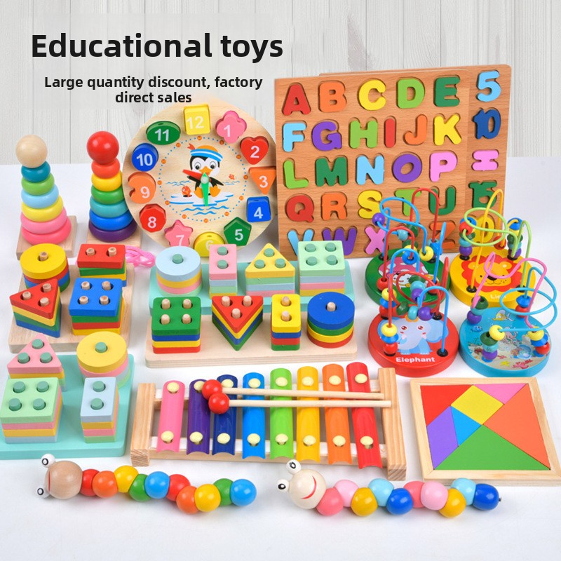 Assorted colorful educational toys on a white surface with a wooden background.