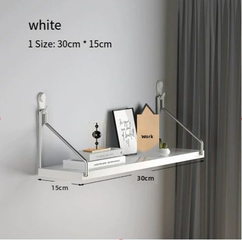White wall shelf with dimensions on a gray wall background