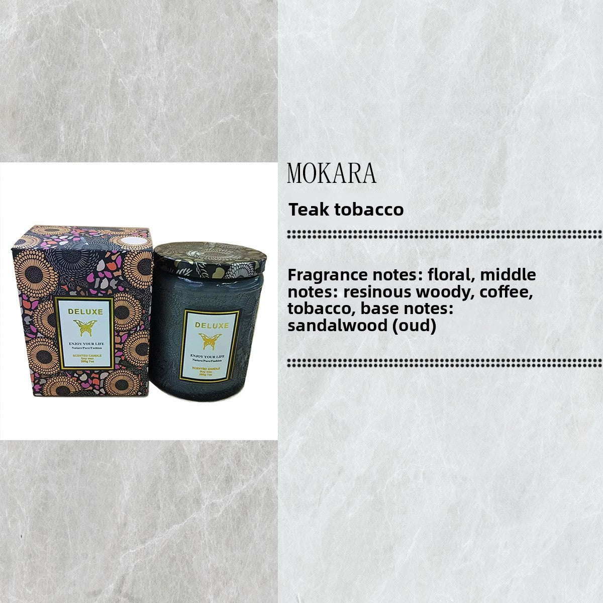 Mokara Teak Tobacco candle with packaging on a textured white background