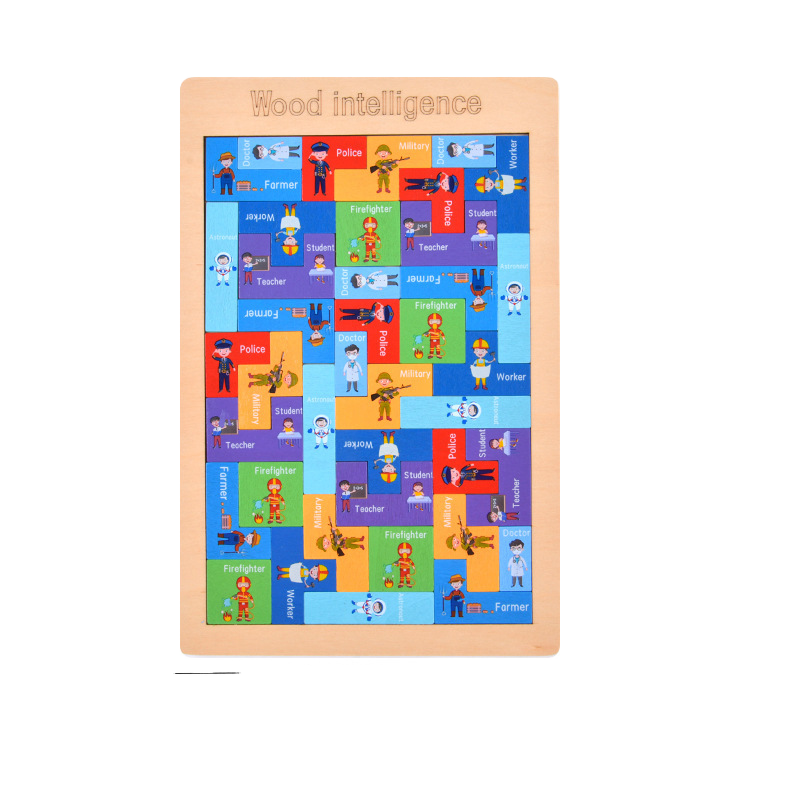 Colorful educational puzzle with character illustrations on a wooden board, branded 'Wood Intelligence'.
