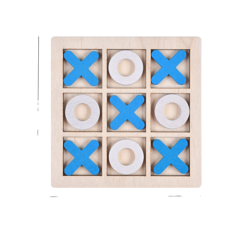 Wooden tic-tac-toe game with blue and white markers on a white background