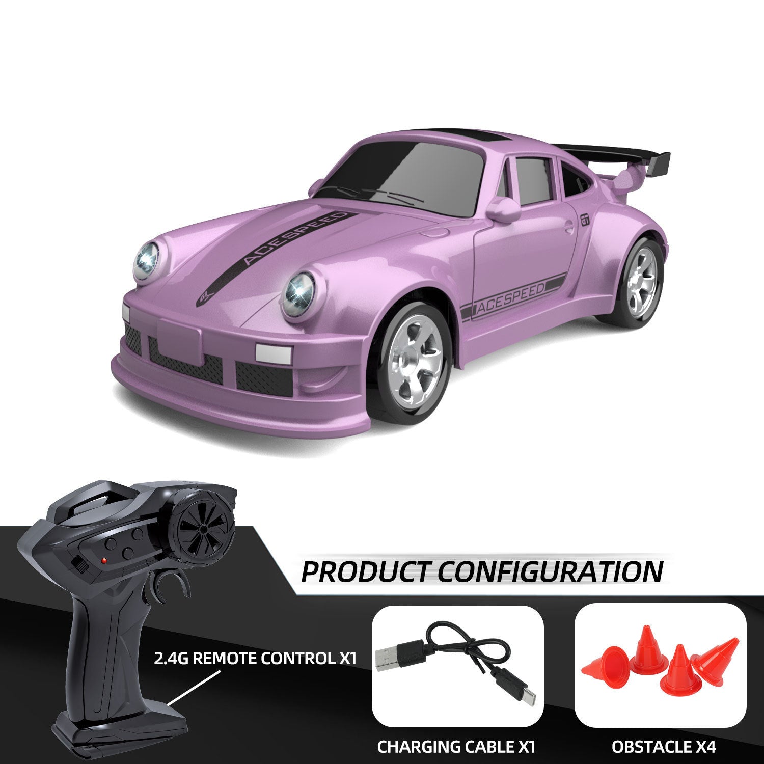 Pink toy car with remote control, charging cable, and obstacles on a white background
